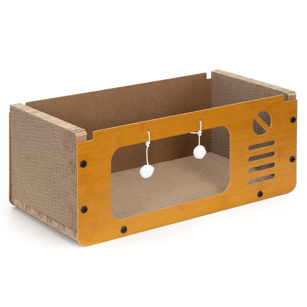 Ansamblu de joaca pentru pisici 2 in 1, cu suprafata de zgariat din carton ondulat, culcus detasabil si ascunzatoare pentru odihna, platforma superioara de relaxare, structura MDF, 56x28x30 cm, maro - imagine 16