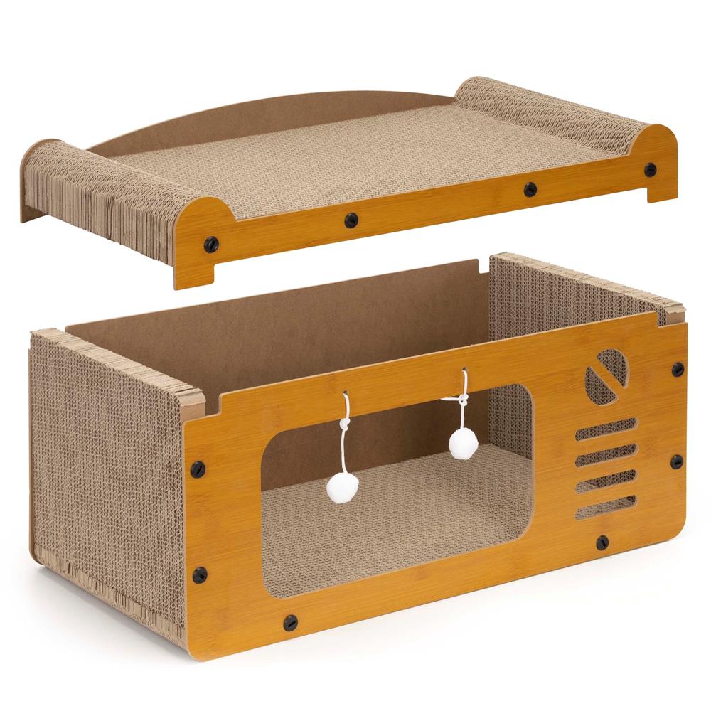 Ansamblu de joaca pentru pisici 2 in 1, cu suprafata de zgariat din carton ondulat, culcus detasabil si ascunzatoare pentru odihna, platforma superioara de relaxare, structura MDF, 56x28x30 cm, maro - imagine 17