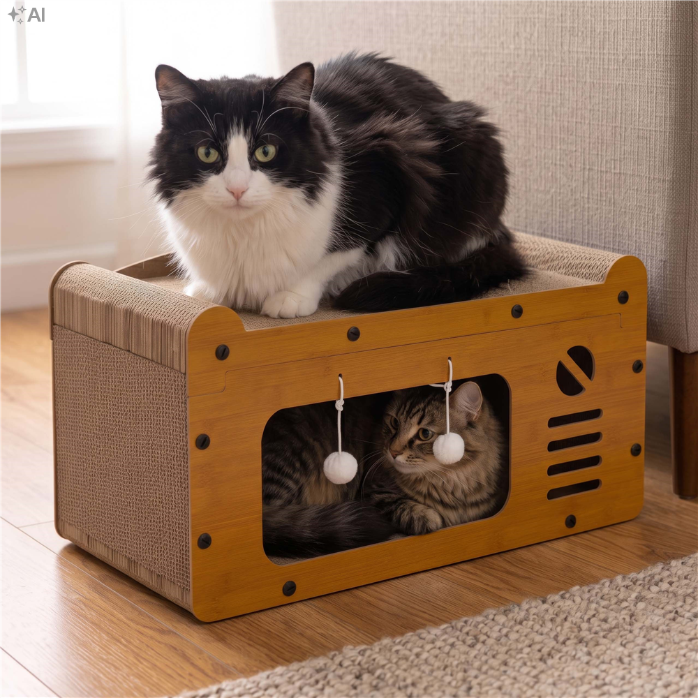 Ansamblu de joaca pentru pisici 2 in 1, cu suprafata de zgariat din carton ondulat, culcus detasabil si ascunzatoare pentru odihna, platforma superioara de relaxare, structura MDF, 56x28x30 cm, maro - imagine 18