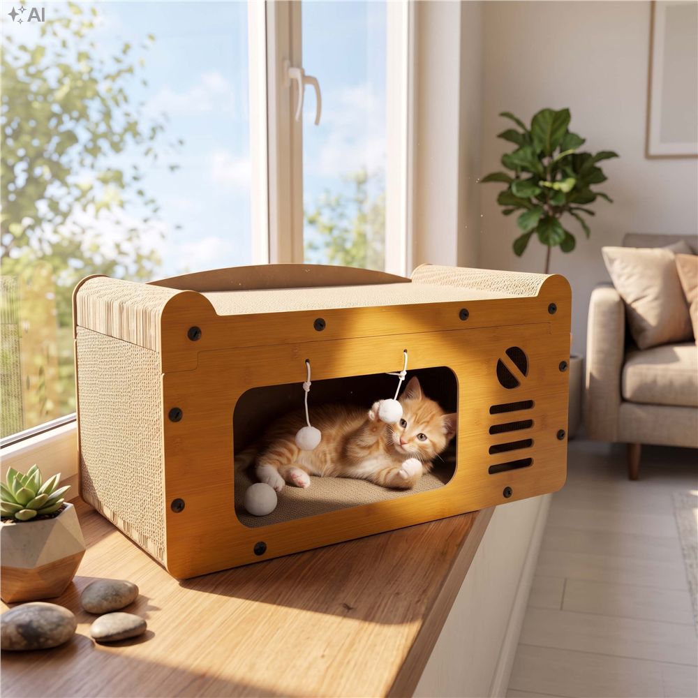 Ansamblu de joaca pentru pisici 2 in 1, cu suprafata de zgariat din carton ondulat, culcus detasabil si ascunzatoare pentru odihna, platforma superioara de relaxare, structura MDF, 56x28x30 cm, maro - imagine 19