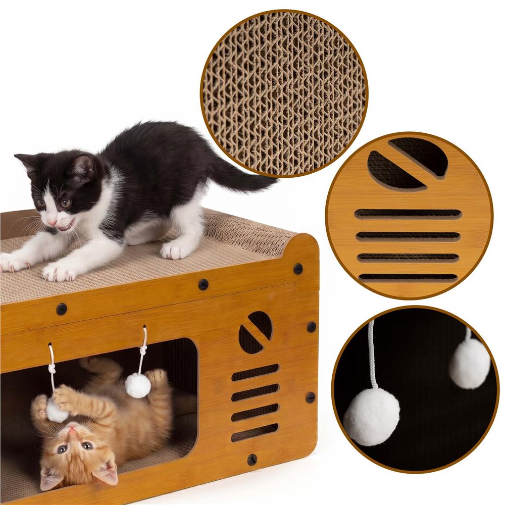 Ansamblu de joaca pentru pisici 2 in 1, cu suprafata de zgariat din carton ondulat, culcus detasabil si ascunzatoare pentru odihna, platforma superioara de relaxare, structura MDF, 56x28x30 cm, maro - imagine 21