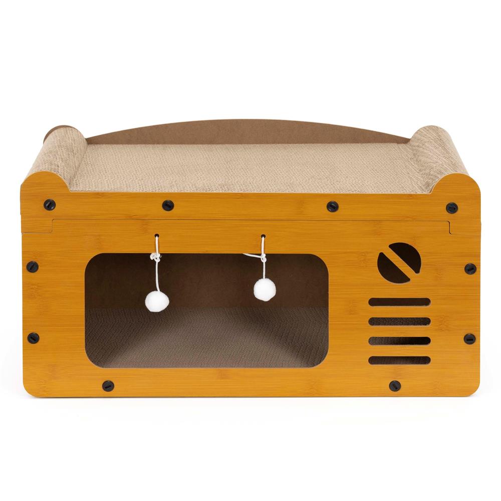Ansamblu de joaca pentru pisici 2 in 1, cu suprafata de zgariat din carton ondulat, culcus detasabil si ascunzatoare pentru odihna, platforma superioara de relaxare, structura MDF, 56x28x30 cm, maro - imagine 22