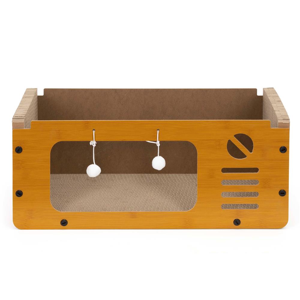 Ansamblu de joaca pentru pisici 2 in 1, cu suprafata de zgariat din carton ondulat, culcus detasabil si ascunzatoare pentru odihna, platforma superioara de relaxare, structura MDF, 56x28x30 cm, maro - imagine 23