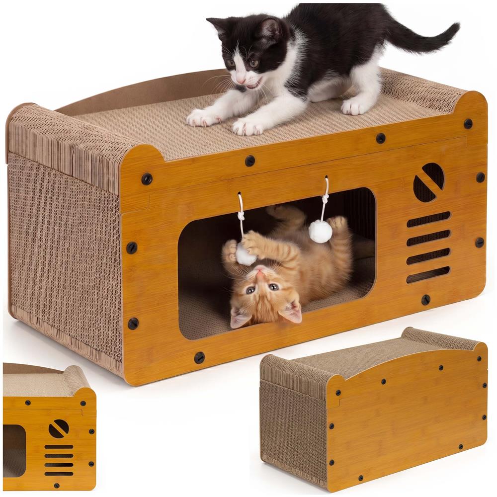 Ansamblu de joaca pentru pisici 2 in 1, cu suprafata de zgariat din carton ondulat, culcus detasabil si ascunzatoare pentru odihna, platforma superioara de relaxare, structura MDF, 56x28x30 cm, maro - imagine 5