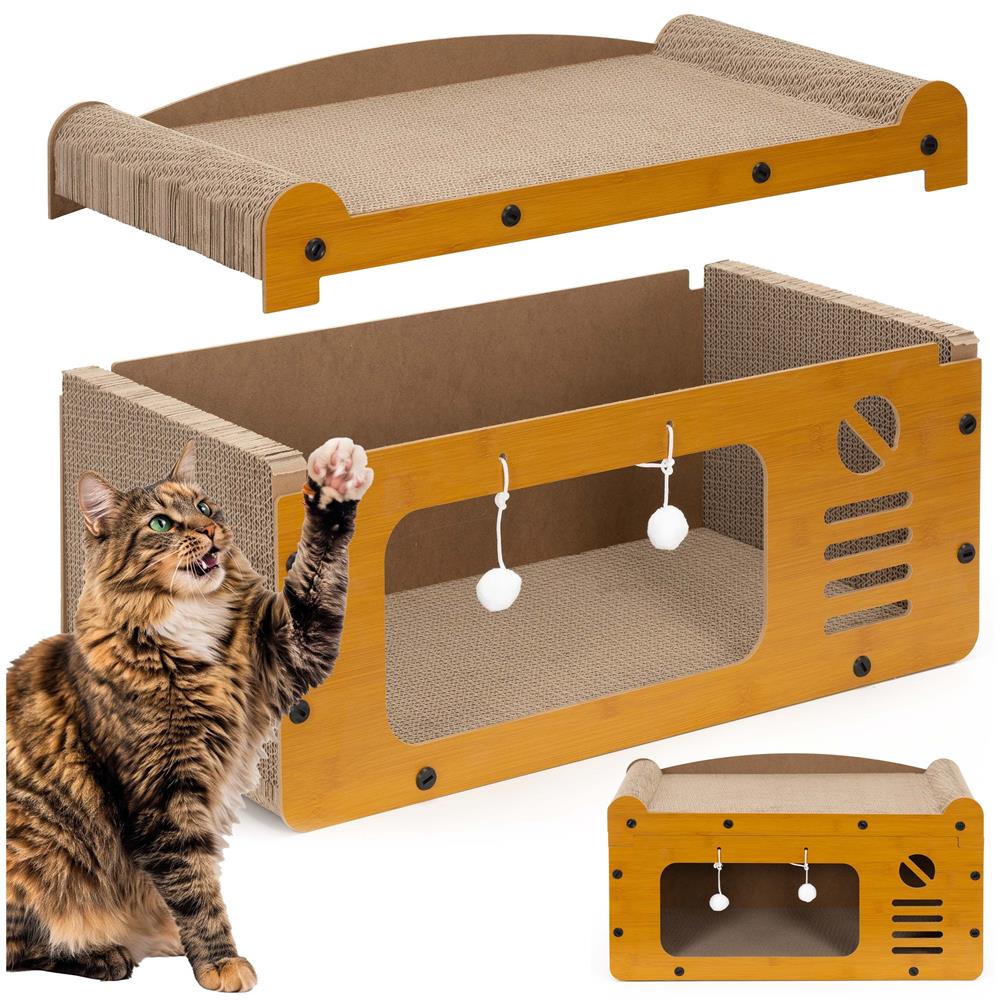 Ansamblu de joaca pentru pisici 2 in 1, cu suprafata de zgariat din carton ondulat, culcus detasabil si ascunzatoare pentru odihna, platforma superioara de relaxare, structura MDF, 56x28x30 cm, maro - imagine 6