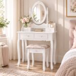 Masuta de toaleta cu oglinda si taburet tapitat inclus, sertare pentru cosmetice si bijuterii, design clasic romantic, structura din MDF, 75x40x142 cm, alb