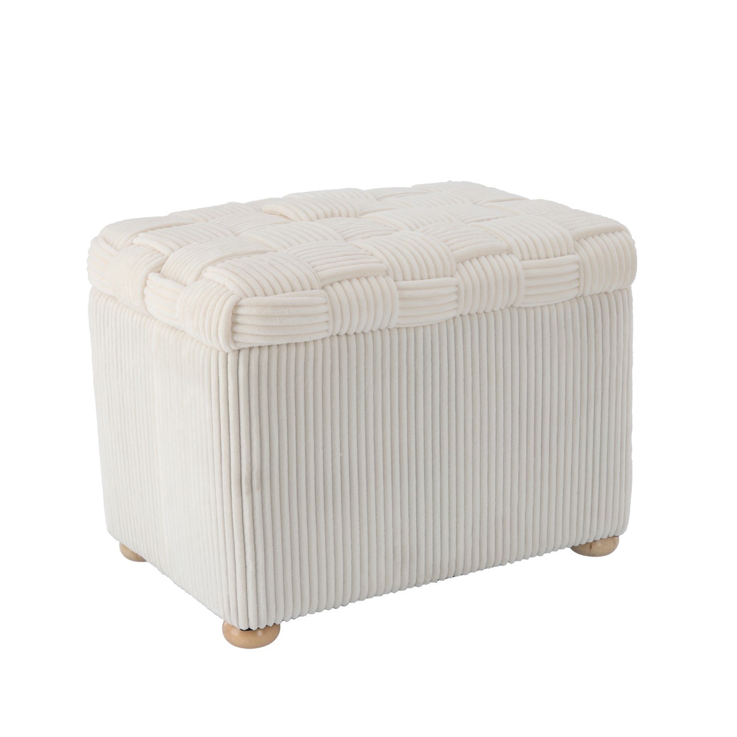 Taburet puf dreptunghiular cu sezut impletit si laterale cu textura striata, ideal ca loc suplimentar de sedere sau suport pentru picioare, potrivit pentru living, dormitor, dressing sau hol, 60x40x44 cm, bej - imagine 3