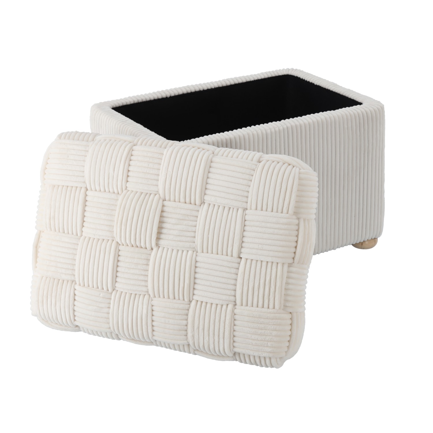 Taburet puf dreptunghiular cu sezut impletit si laterale cu textura striata, ideal ca loc suplimentar de sedere sau suport pentru picioare, potrivit pentru living, dormitor, dressing sau hol, 60x40x44 cm, bej - imagine 4