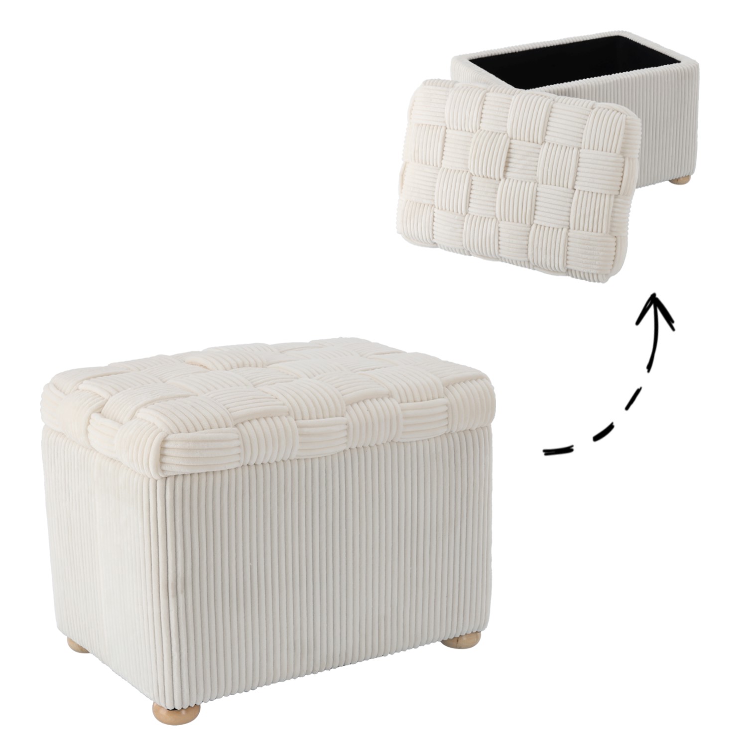 Taburet puf dreptunghiular cu sezut impletit si laterale cu textura striata, ideal ca loc suplimentar de sedere sau suport pentru picioare, potrivit pentru living, dormitor, dressing sau hol, 60x40x44 cm, bej - imagine 7