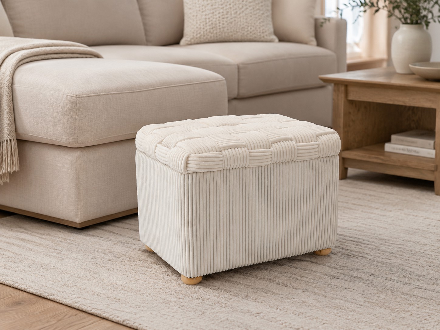 Taburet puf dreptunghiular cu sezut impletit si laterale cu textura striata, ideal ca loc suplimentar de sedere sau suport pentru picioare, potrivit pentru living, dormitor, dressing sau hol, 60x40x44 cm, bej - imagine 8