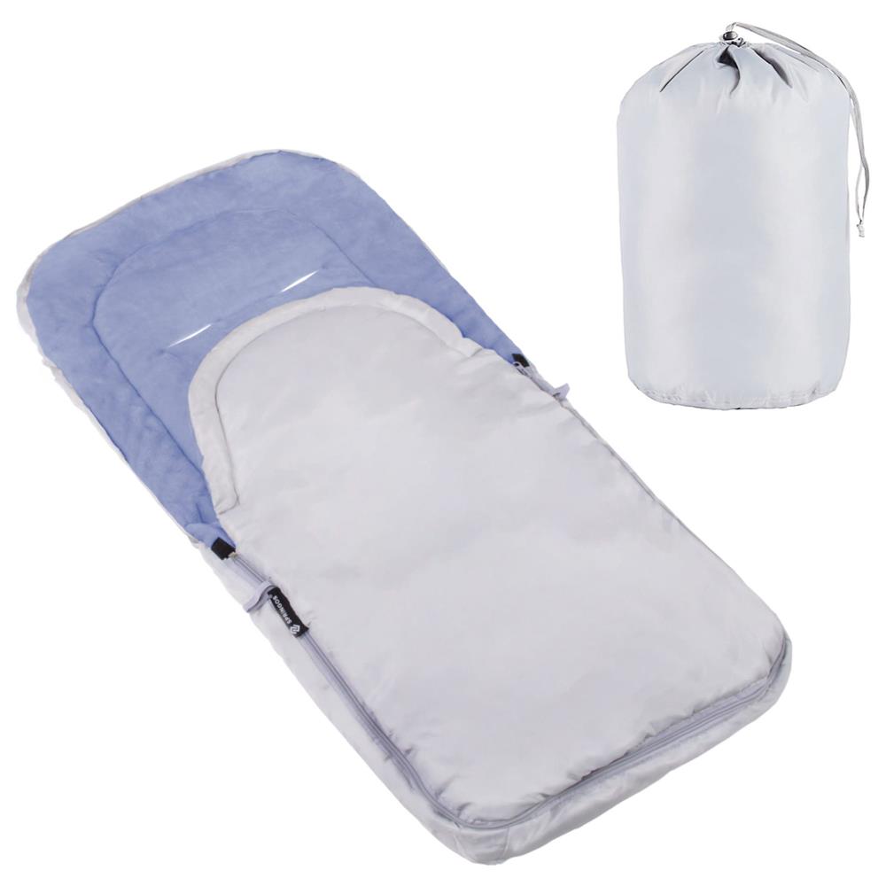 Sac de dormit pentru bebelusi si copii impermeabil, compatibil cu carucioare sport, landouri si sanii, interior din polar moale, orificii pentru centuri, cu geanta de transport, 90x43 cm, gri si albastru - imagine 11