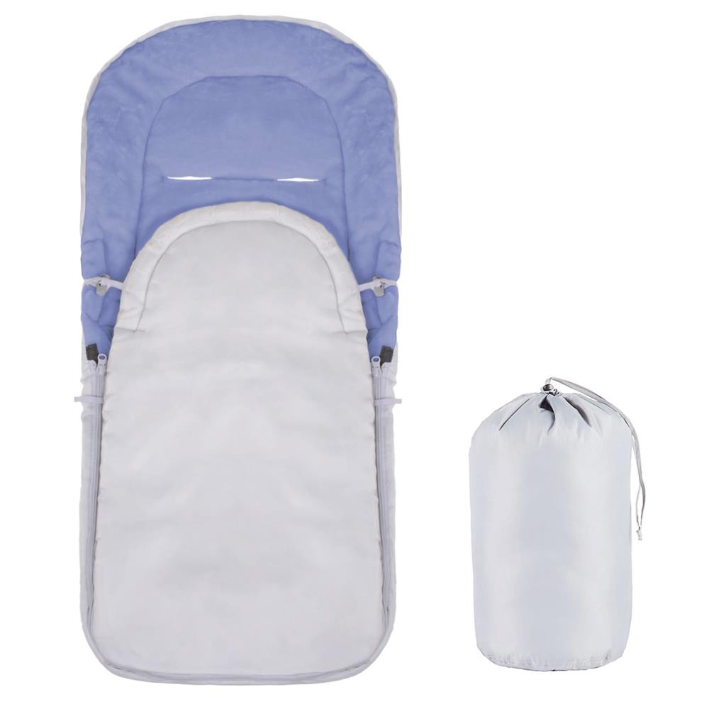 Sac de dormit pentru bebelusi si copii impermeabil, compatibil cu carucioare sport, landouri si sanii, interior din polar moale, orificii pentru centuri, cu geanta de transport, 90x43 cm, gri si albastru - imagine 12