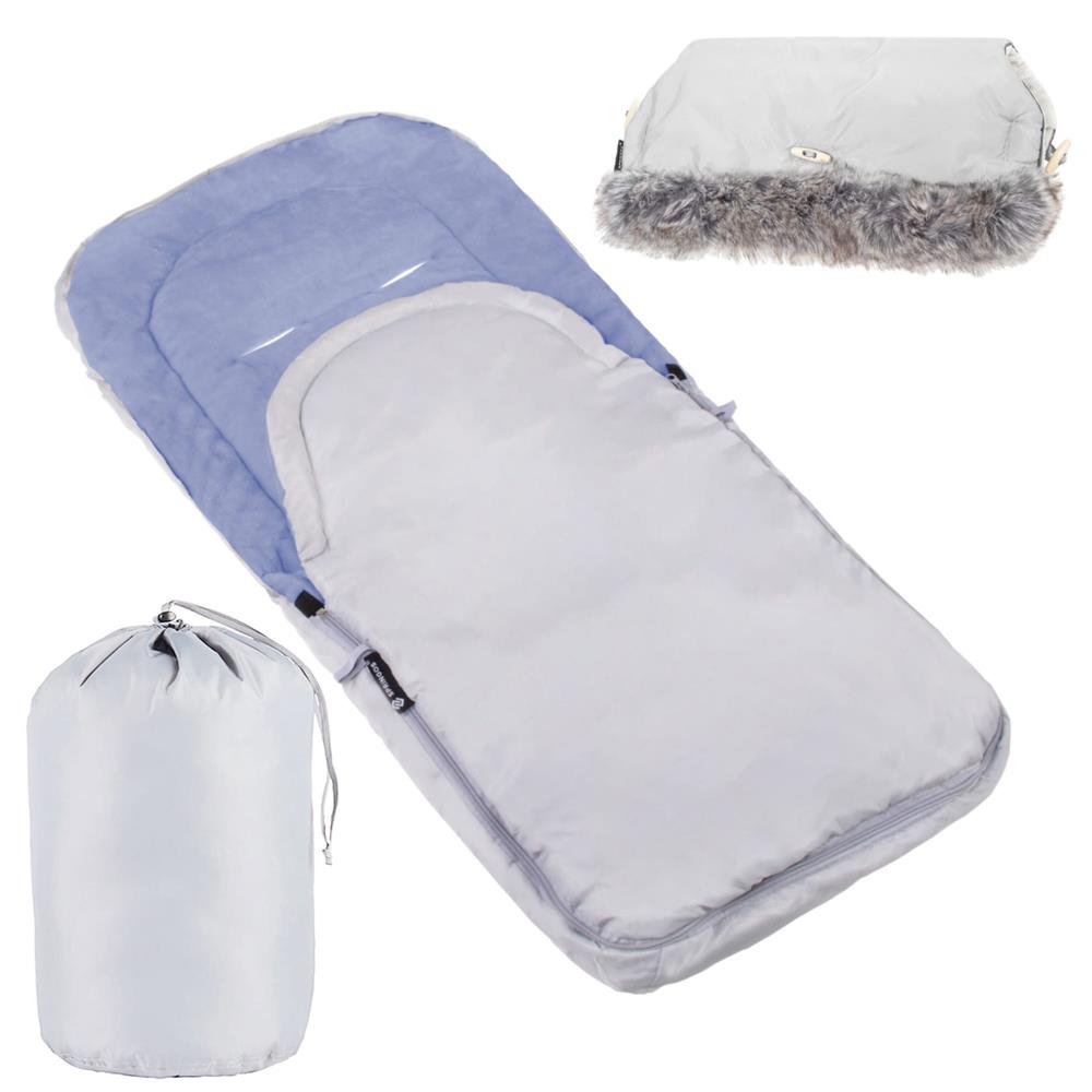 Sac de dormit pentru bebelusi si copii impermeabil, compatibil cu carucioare sport, landouri si sanii, interior din polar moale, orificii pentru centuri, cu geanta de transport, 90x43 cm, gri si albastru