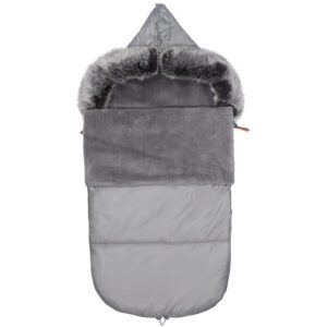 Sac de dormit pentru carucior copii, exterior impermeabil si interior calduros, gluga ajustabila, 2 gulere din blanita detasabile, 2 fermoare pentru acces facil, orificii pentru centuri, 80x40 cm, gri