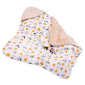 Paturica pentru scoica auto cu gluga integrata, exterior din bumbac 100% si interior moale din material minky, orifici pentru centuri, lavabila la 30°C, 77 x 77 cm, model curcubee si soare, multicolor