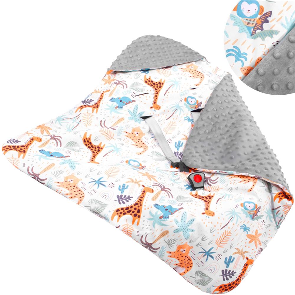 Paturica pentru scoica auto cu gluga integrata, exterior din bumbac 100% si interior moale din material minky, orifici pentru centuri, lavabila la 30°C, 77 x 77 cm, model cu animalute, multicolor - imagine 2