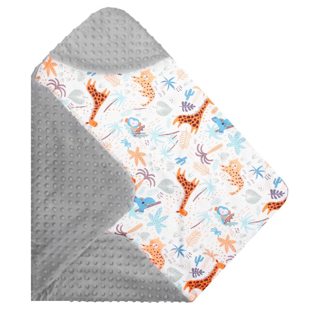Paturica pentru scoica auto cu gluga integrata, exterior din bumbac 100% si interior moale din material minky, orifici pentru centuri, lavabila la 30°C, 77 x 77 cm, model cu animalute, multicolor - imagine 12