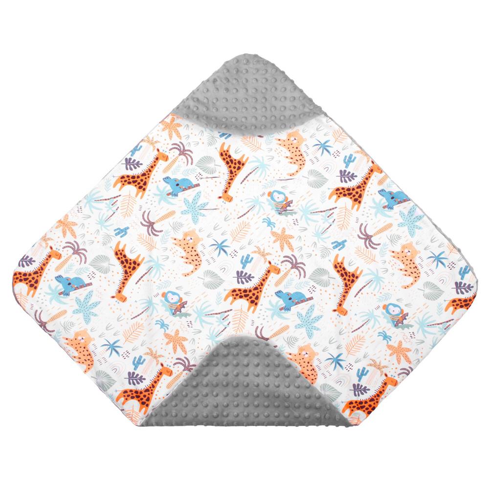 Paturica pentru scoica auto cu gluga integrata, exterior din bumbac 100% si interior moale din material minky, orifici pentru centuri, lavabila la 30°C, 77 x 77 cm, model cu animalute, multicolor - imagine 13