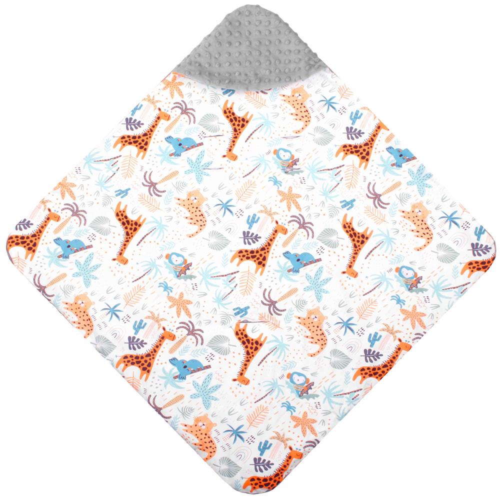 Paturica pentru scoica auto cu gluga integrata, exterior din bumbac 100% si interior moale din material minky, orifici pentru centuri, lavabila la 30°C, 77 x 77 cm, model cu animalute, multicolor - imagine 14