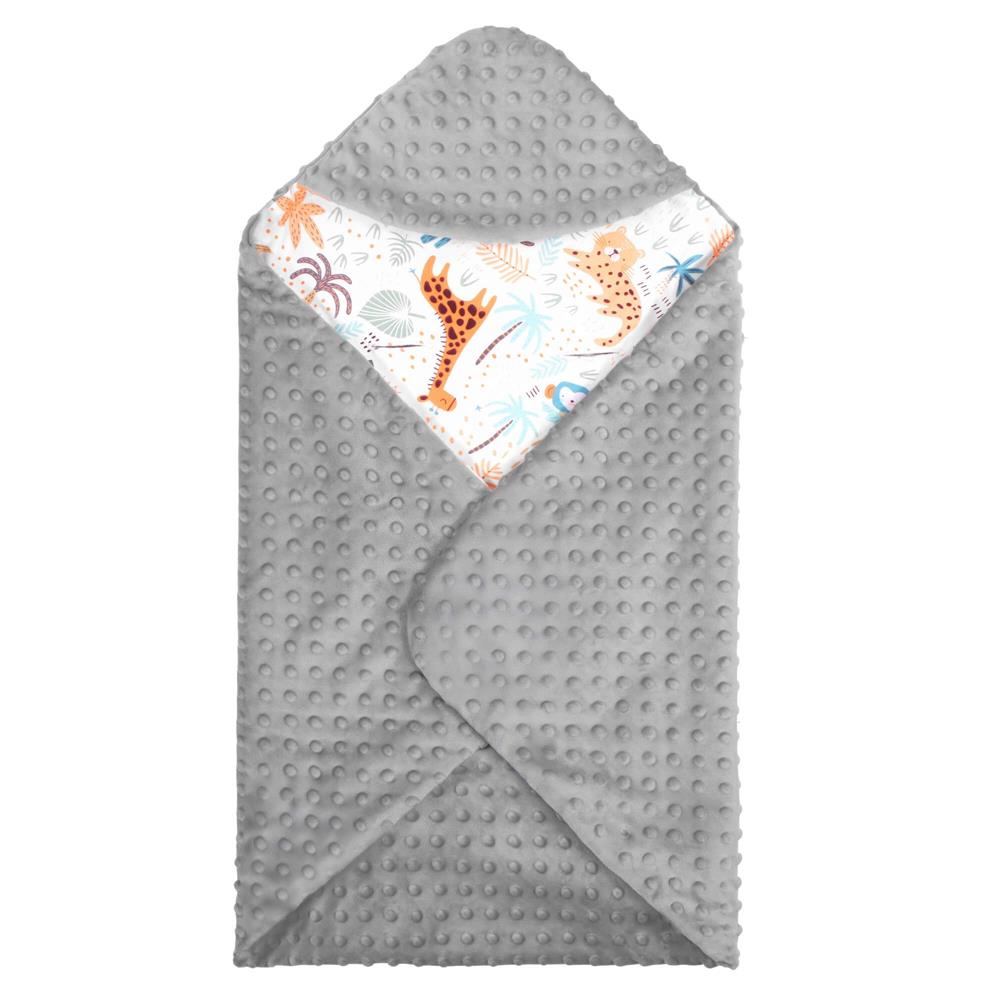 Paturica pentru scoica auto cu gluga integrata, exterior din bumbac 100% si interior moale din material minky, orifici pentru centuri, lavabila la 30°C, 77 x 77 cm, model cu animalute, multicolor - imagine 15
