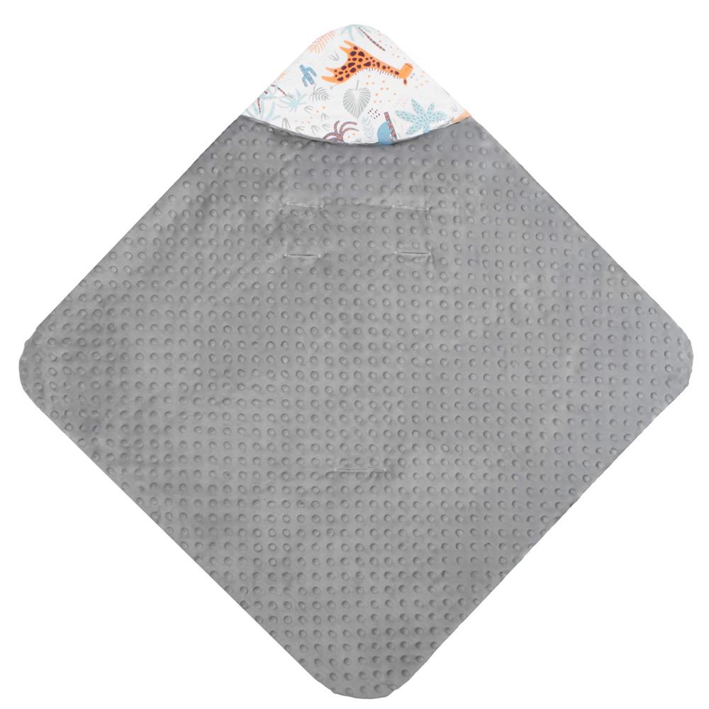 Paturica pentru scoica auto cu gluga integrata, exterior din bumbac 100% si interior moale din material minky, orifici pentru centuri, lavabila la 30°C, 77 x 77 cm, model cu animalute, multicolor - imagine 16