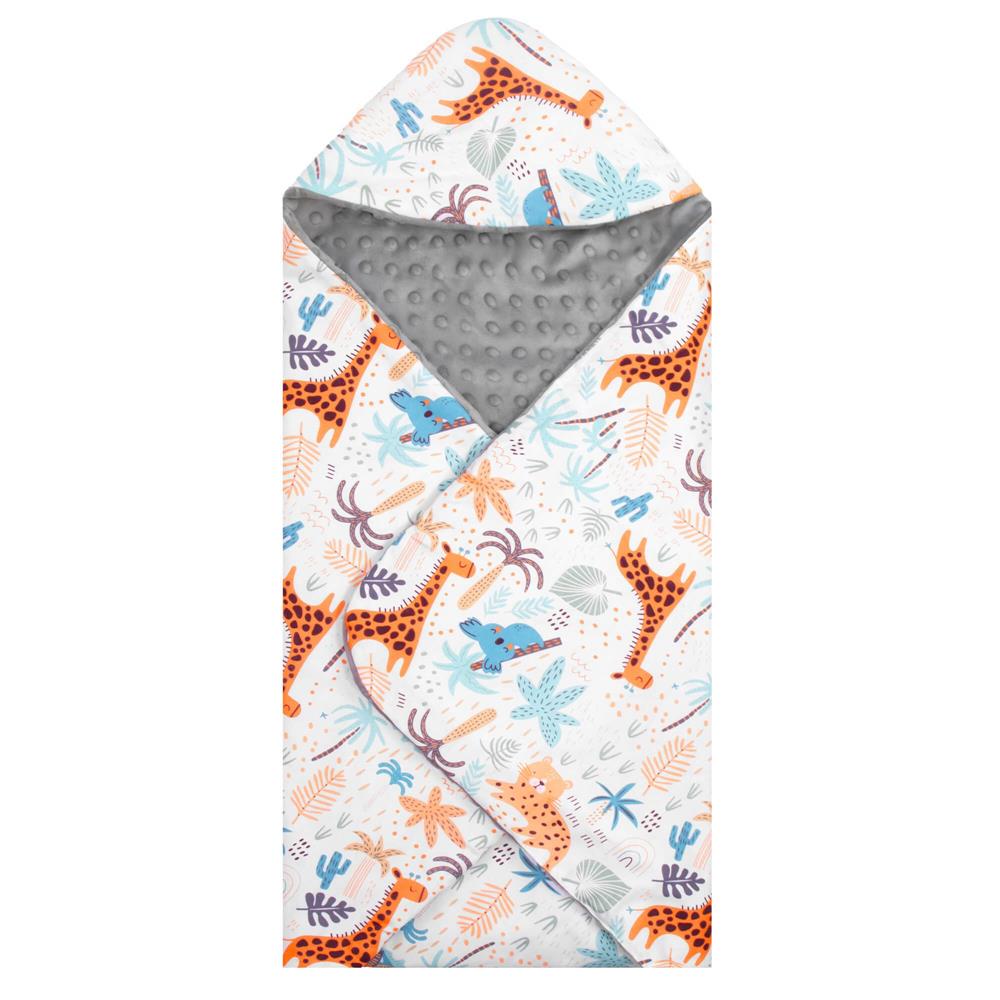 Paturica pentru scoica auto cu gluga integrata, exterior din bumbac 100% si interior moale din material minky, orifici pentru centuri, lavabila la 30°C, 77 x 77 cm, model cu animalute, multicolor - imagine 17