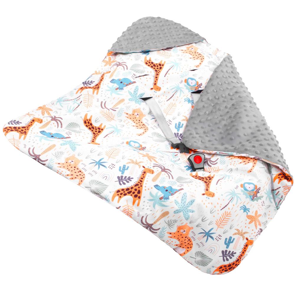 Paturica pentru scoica auto cu gluga integrata, exterior din bumbac 100% si interior moale din material minky, orifici pentru centuri, lavabila la 30°C, 77 x 77 cm, model cu animalute, multicolor