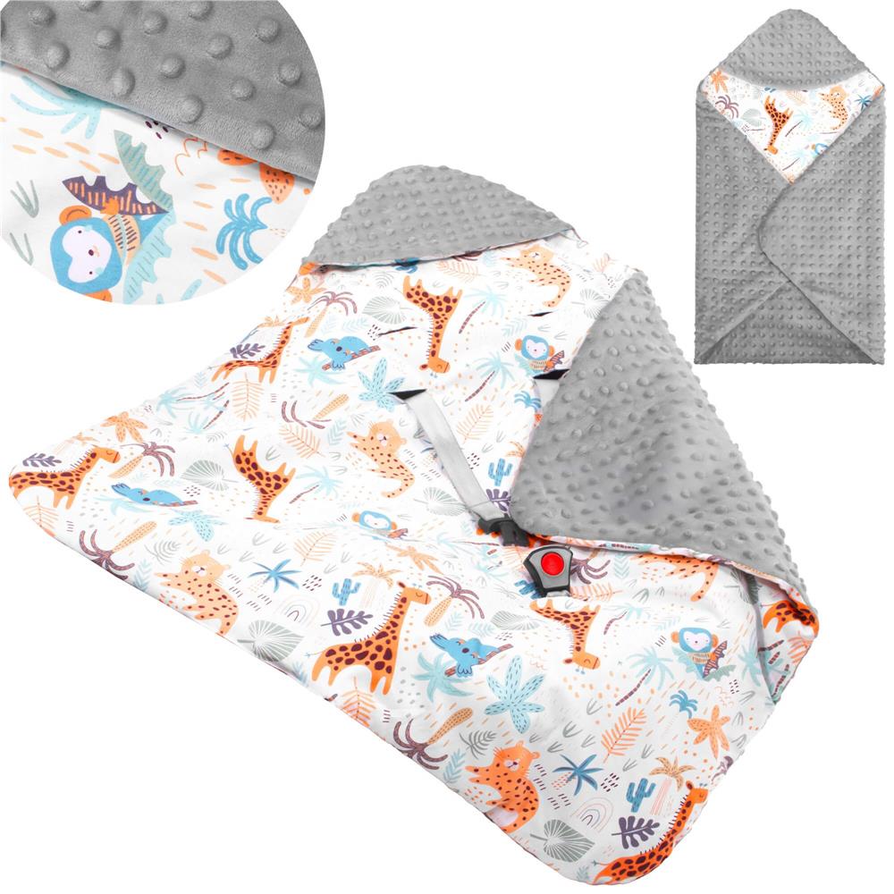 Paturica pentru scoica auto cu gluga integrata, exterior din bumbac 100% si interior moale din material minky, orifici pentru centuri, lavabila la 30°C, 77 x 77 cm, model cu animalute, multicolor - imagine 5