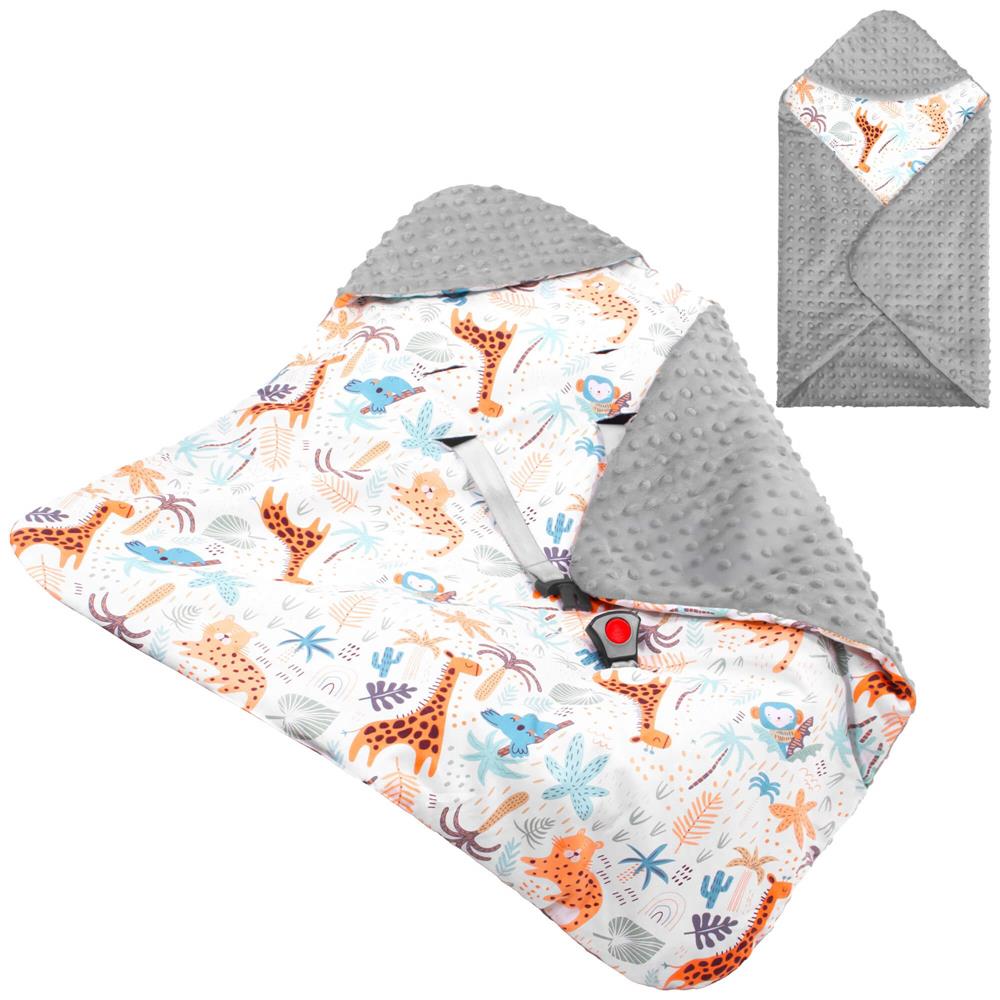 Paturica pentru scoica auto cu gluga integrata, exterior din bumbac 100% si interior moale din material minky, orifici pentru centuri, lavabila la 30°C, 77 x 77 cm, model cu animalute, multicolor - imagine 6