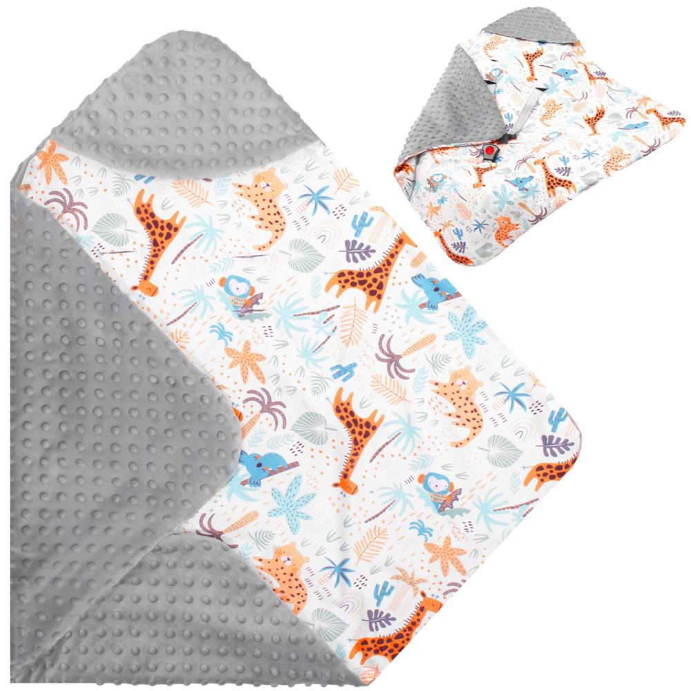 Paturica pentru scoica auto cu gluga integrata, exterior din bumbac 100% si interior moale din material minky, orifici pentru centuri, lavabila la 30°C, 77 x 77 cm, model cu animalute, multicolor - imagine 7