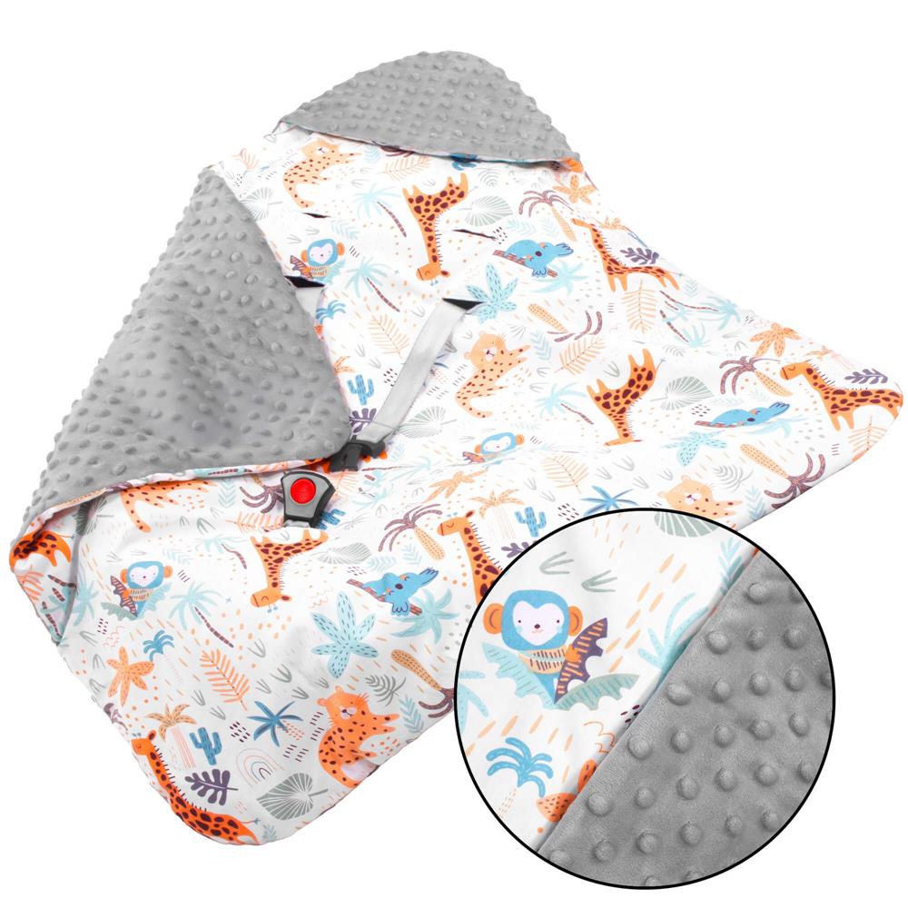 Paturica pentru scoica auto cu gluga integrata, exterior din bumbac 100% si interior moale din material minky, orifici pentru centuri, lavabila la 30°C, 77 x 77 cm, model cu animalute, multicolor - imagine 10