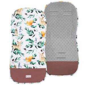 Salteluta reversibila pentru carucior sport, cu exterior din bumbac 100% si interior moale din material minky cu textura catifelata, umplutura din spuma, orificii pentru centuri, 78x37 cm, multicolor