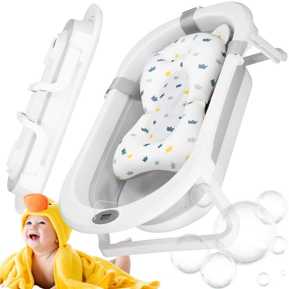 Cadita de baie pliabila pentru bebelusi cu termometru electronic LCD si perna de sustinere, capacitate 40 L, dop de scurgere, pentru copii pana la 12 luni, 79x49x22 cm, alb si gri - imagine 3
