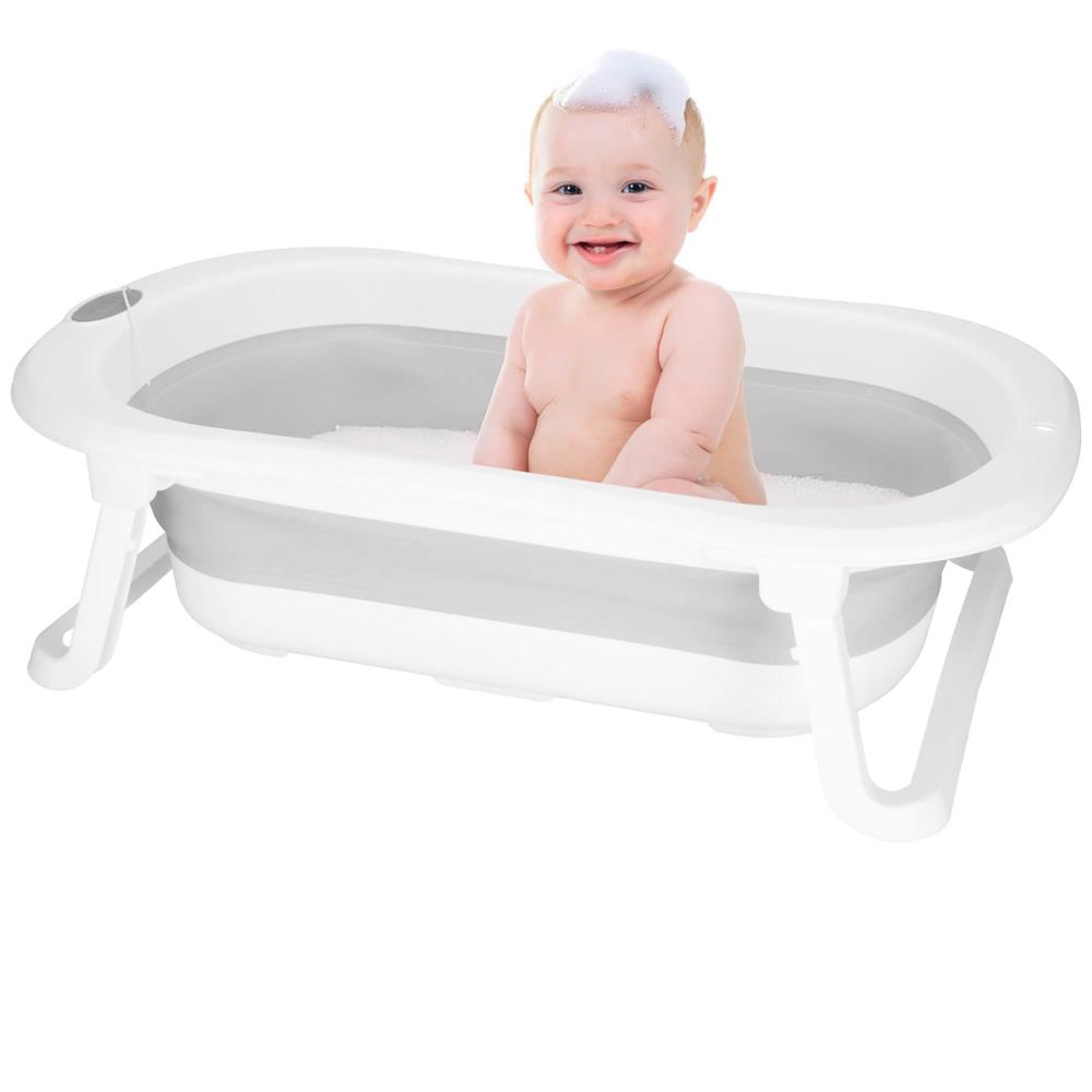 Cadita de baie pliabila pentru bebelusi cu termometru electronic LCD si perna de sustinere, capacitate 40 L, dop de scurgere, pentru copii pana la 12 luni, 79x49x22 cm, alb si gri - imagine 14