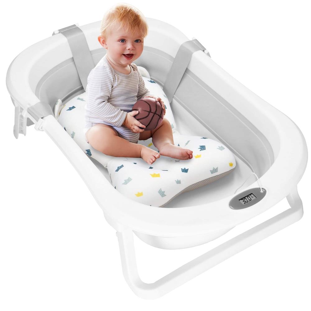 Cadita de baie pliabila pentru bebelusi cu termometru electronic LCD si perna de sustinere, capacitate 40 L, dop de scurgere, pentru copii pana la 12 luni, 79x49x22 cm, alb si gri - imagine 15