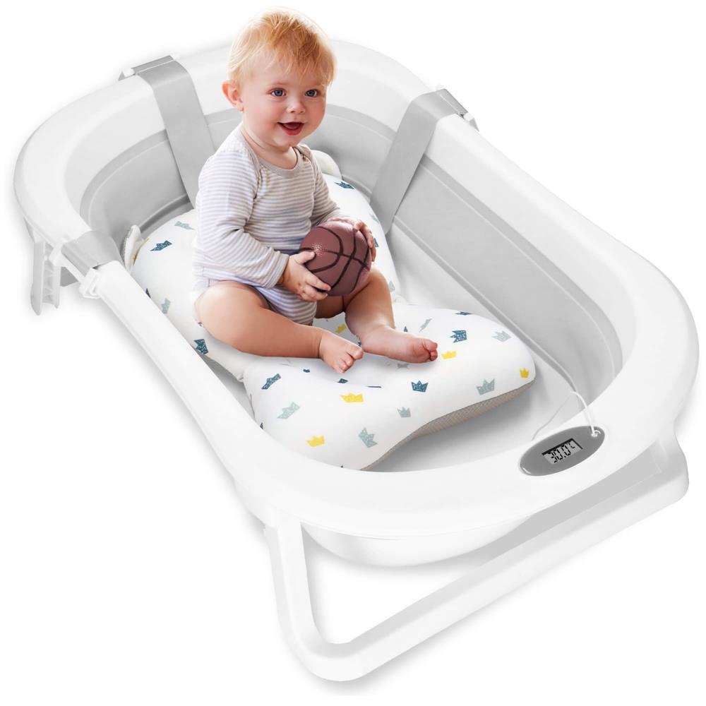 Cadita de baie pliabila pentru bebelusi cu termometru electronic LCD si perna de sustinere, capacitate 40 L, dop de scurgere, pentru copii pana la 12 luni, 79x49x22 cm, alb si gri - imagine 16
