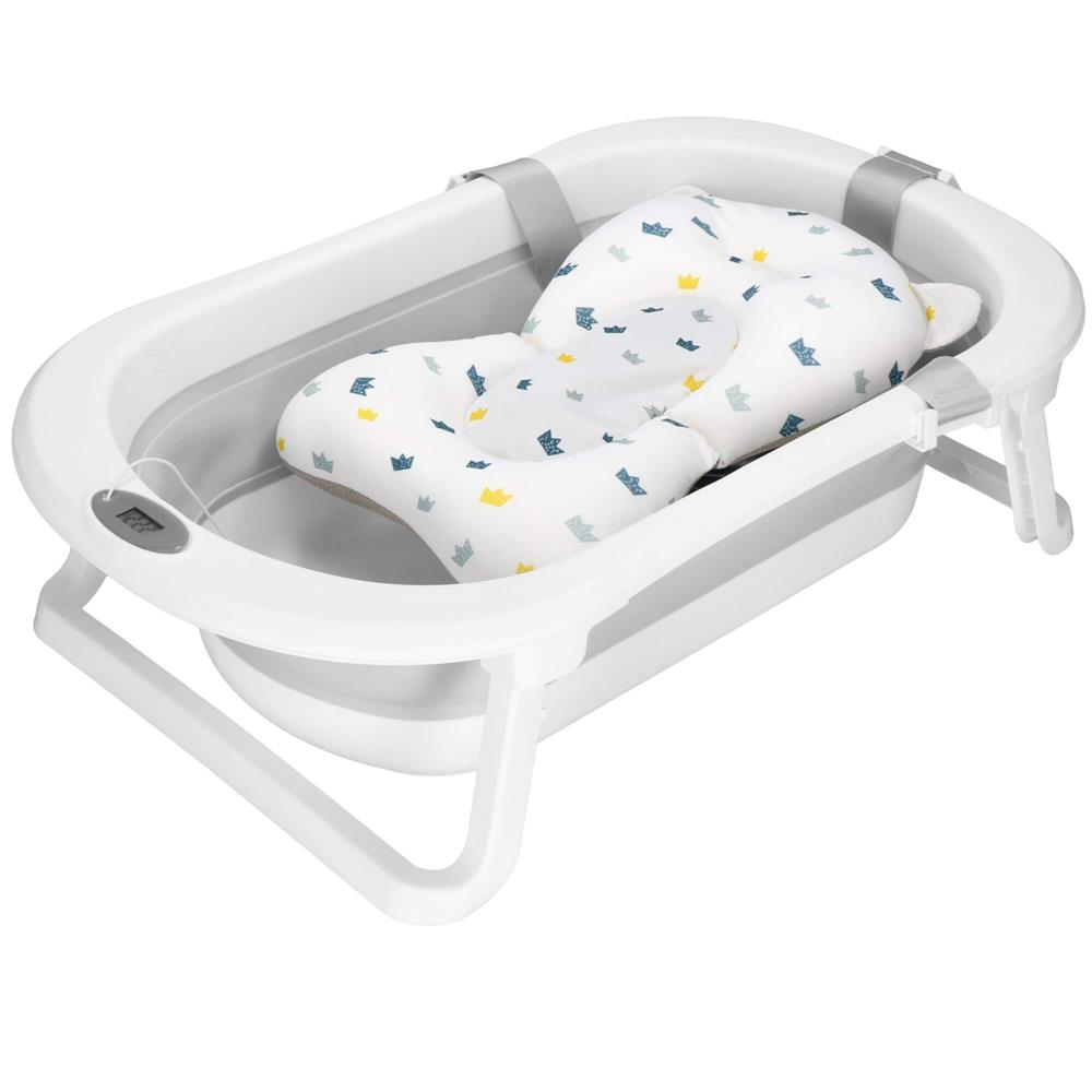Cadita de baie pliabila pentru bebelusi cu termometru electronic LCD si perna de sustinere, capacitate 40 L, dop de scurgere, pentru copii pana la 12 luni, 79x49x22 cm, alb si gri - imagine 17
