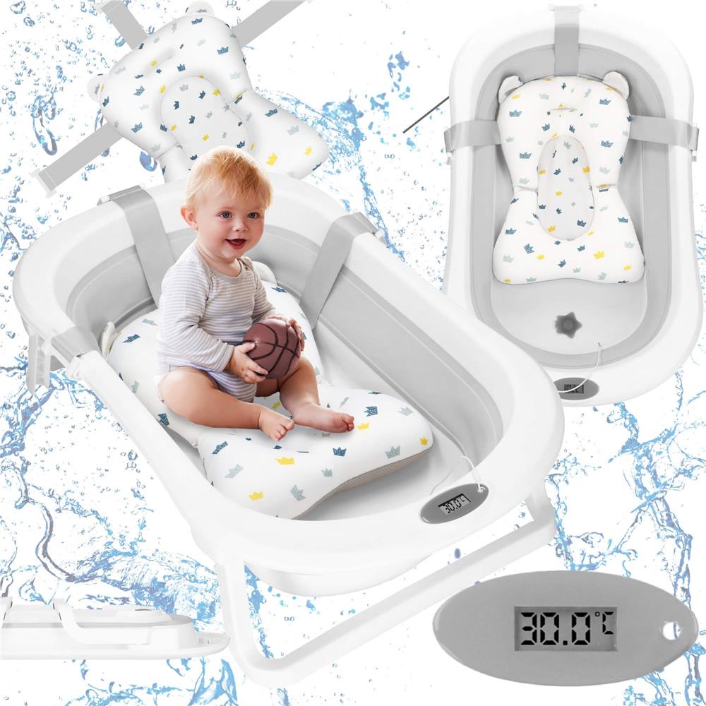 Cadita de baie pliabila pentru bebelusi cu termometru electronic LCD si perna de sustinere, capacitate 40 L, dop de scurgere, pentru copii pana la 12 luni, 79x49x22 cm, alb si gri - imagine 4