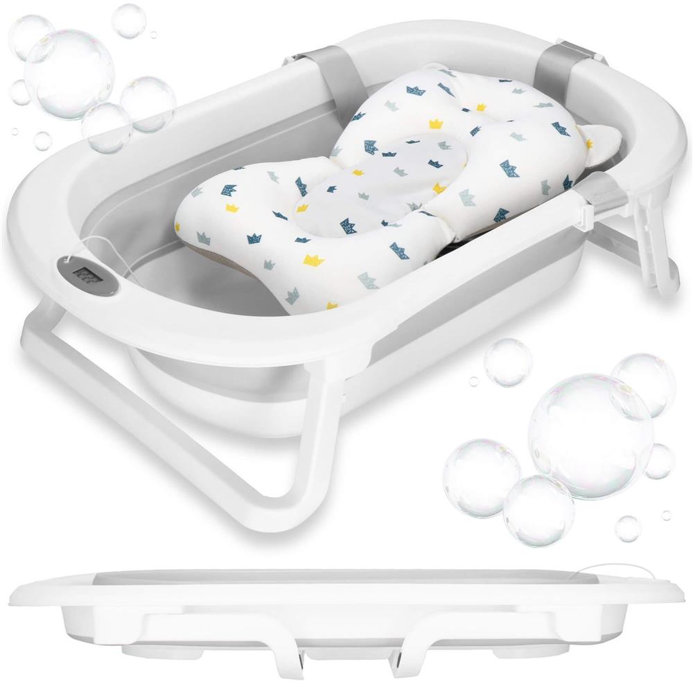 Cadita de baie pliabila pentru bebelusi cu termometru electronic LCD si perna de sustinere, capacitate 40 L, dop de scurgere, pentru copii pana la 12 luni, 79x49x22 cm, alb si gri - imagine 5
