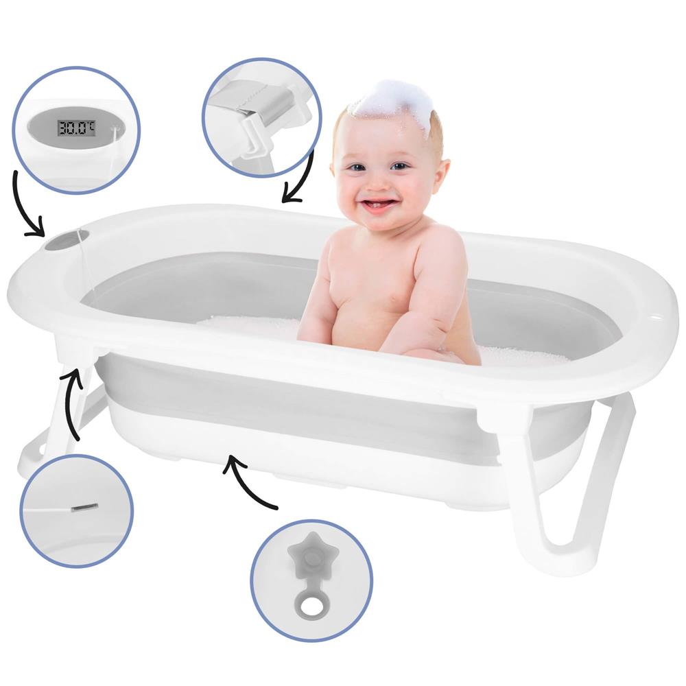 Cadita de baie pliabila pentru bebelusi cu termometru electronic LCD si perna de sustinere, capacitate 40 L, dop de scurgere, pentru copii pana la 12 luni, 79x49x22 cm, alb si gri - imagine 35