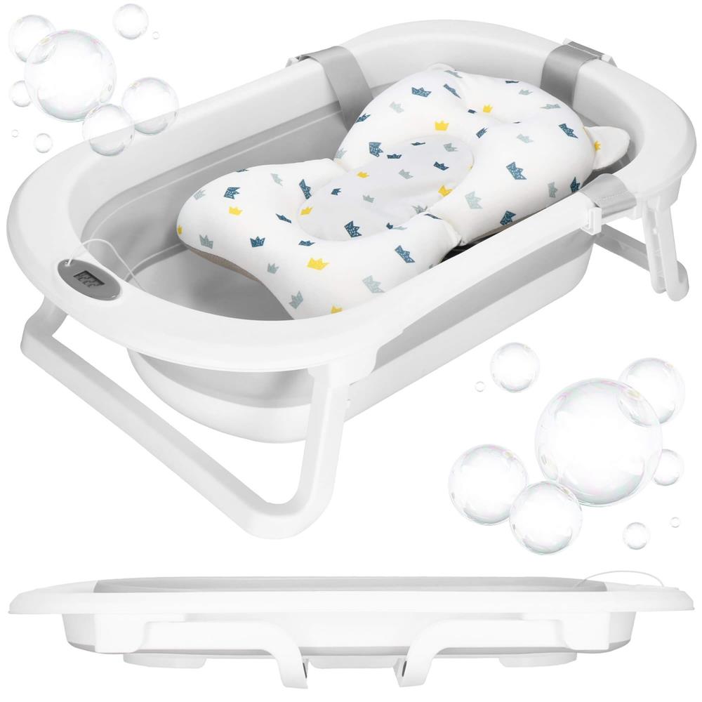 Cadita de baie pliabila pentru bebelusi cu termometru electronic LCD si perna de sustinere, capacitate 40 L, dop de scurgere, pentru copii pana la 12 luni, 79x49x22 cm, alb si gri - imagine 6