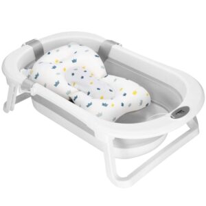 Cadita de baie pliabila pentru bebelusi cu termometru electronic LCD si perna de sustinere, capacitate 40 L, dop de scurgere, pentru copii pana la 12 luni, 79x49x22 cm, alb si gri