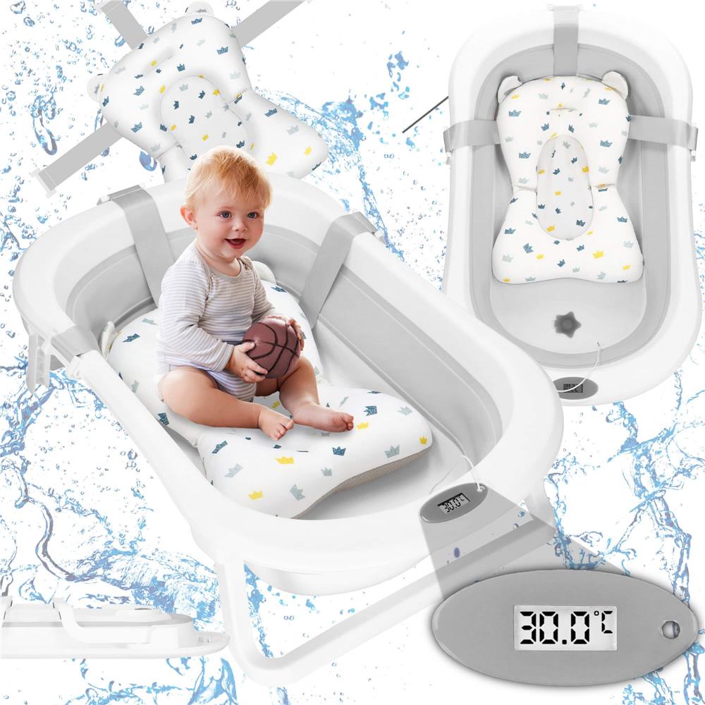 Cadita de baie pliabila pentru bebelusi cu termometru electronic LCD si perna de sustinere, capacitate 40 L, dop de scurgere, pentru copii pana la 12 luni, 79x49x22 cm, alb si gri - imagine 45