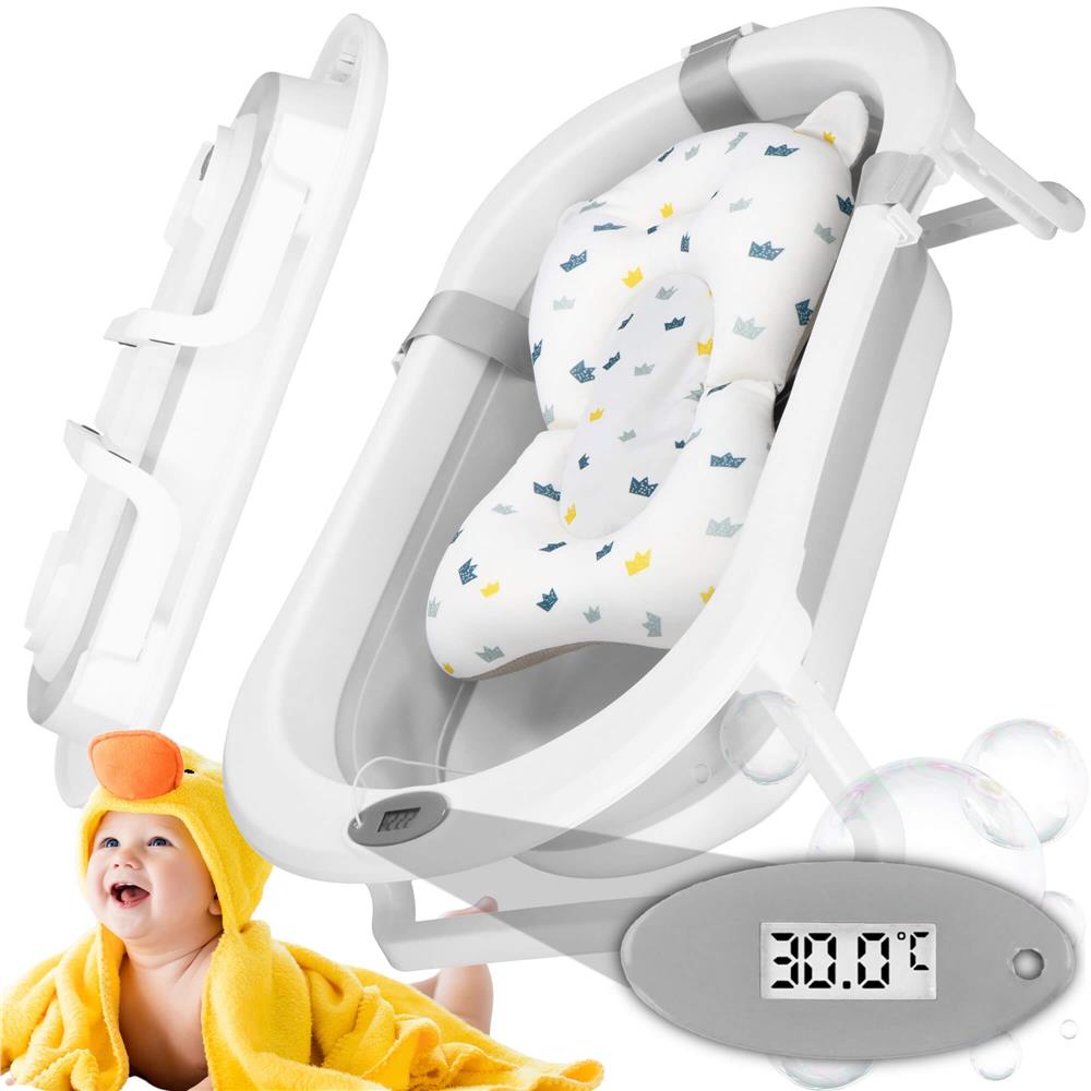 Cadita de baie pliabila pentru bebelusi cu termometru electronic LCD si perna de sustinere, capacitate 40 L, dop de scurgere, pentru copii pana la 12 luni, 79x49x22 cm, alb si gri - imagine 46