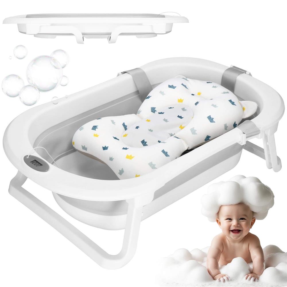 Cadita de baie pliabila pentru bebelusi cu termometru electronic LCD si perna de sustinere, capacitate 40 L, dop de scurgere, pentru copii pana la 12 luni, 79x49x22 cm, alb si gri - imagine 7