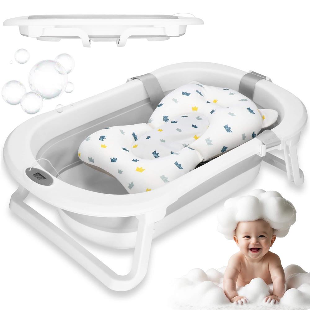 Cadita de baie pliabila pentru bebelusi cu termometru electronic LCD si perna de sustinere, capacitate 40 L, dop de scurgere, pentru copii pana la 12 luni, 79x49x22 cm, alb si gri - imagine 8