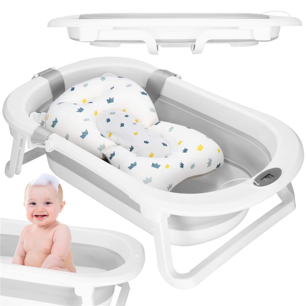 Cadita de baie pliabila pentru bebelusi cu termometru electronic LCD si perna de sustinere, capacitate 40 L, dop de scurgere, pentru copii pana la 12 luni, 79x49x22 cm, alb si gri - imagine 9