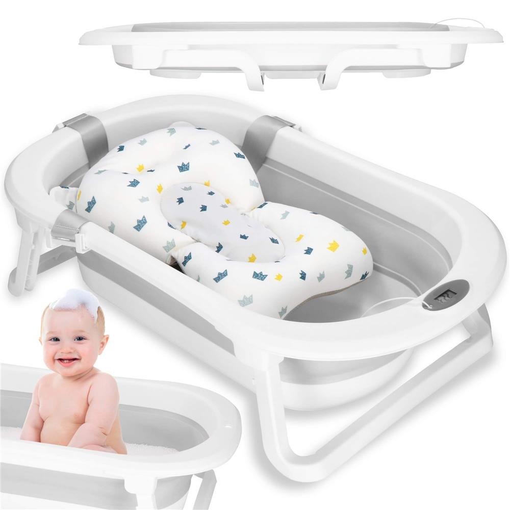 Cadita de baie pliabila pentru bebelusi cu termometru electronic LCD si perna de sustinere, capacitate 40 L, dop de scurgere, pentru copii pana la 12 luni, 79x49x22 cm, alb si gri - imagine 10