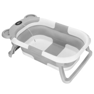 Cadita de baie pliabila pentru bebelusi cu termometru electronic LCD pentru temperatura apei, capacitate 27,5 L, dop de scurgere, pentru copii 0-15 luni, 66x43x20 cm, alb si gri