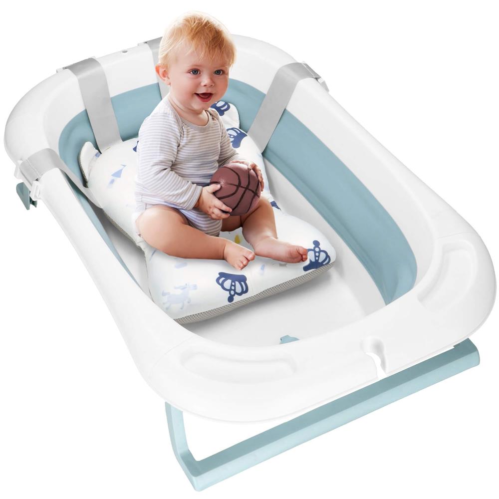 Cadita de baie pliabila pentru bebelusi cu termometru electronic LCD si perna de sustinere inclusa, capacitate 35 L, dop de scurgere, pentru copii pana la 12 luni, 82x52x22 cm, alb si albastru - imagine 3